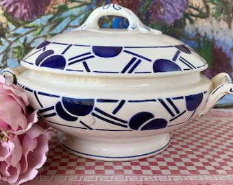 French Vintage Tureen White With Blue Airbrushed Circle Detail / Lovely 1920s French Country Soup Tureen by Longwy / Farmhouse Soupière