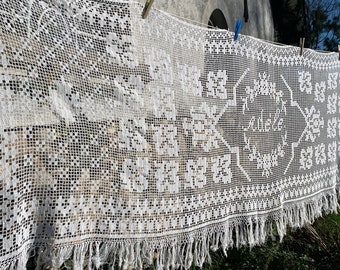 French Vintage White Embroidered on Filet Net Window Panel / Unique Piece with "Adéle" Written in the Centre / French Country Window Panel