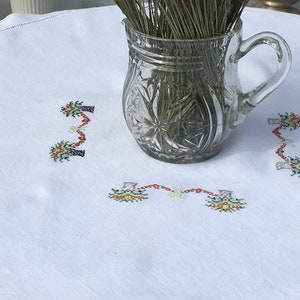 French Vintage White Fil De Lin Linen Square Tablecloth / Delightful Cross Stitched Basket of Flowers Done By Hand / French Table Linen