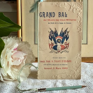 Petit carton de danse antique Français pour un bal de vétérans militaires à Orléans, daté du 2 mars 1912 / Original cordon et crayon / magnifique pièce d'autrefois