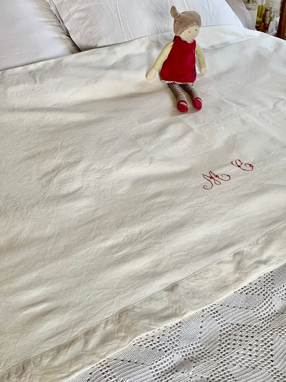 モノグラム フランスアンティークリネンシーツ イニシャル刺繍