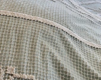 French Antique White Cotton Embroidery on Filet Net