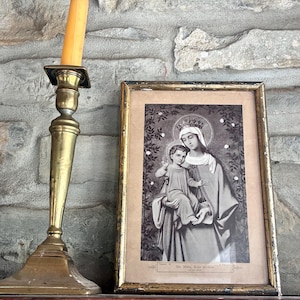 Small French Antique Religious Print of The Virgin Mary & Child / 19thC Glazed Print / Gilded Frame / Caption "Holy Mary, Rosa. pray for us"