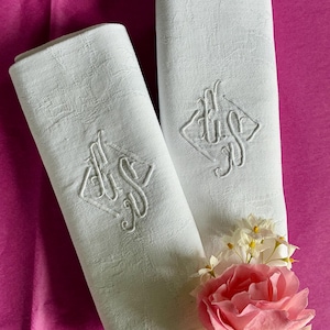 Two French Antique White Linen/Cotton Damask Napkins with Hand Embroidered &quot;ES&quot; Initials / Elegant 1920s Napkins / Unique Gift Idea