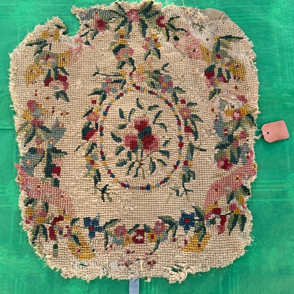 French Antique Late 1700s Cross Stitch on Canvas Piece / Delightful Needlepoint of Flowers & Ribbons / Charming and Romantic Cross Stitch