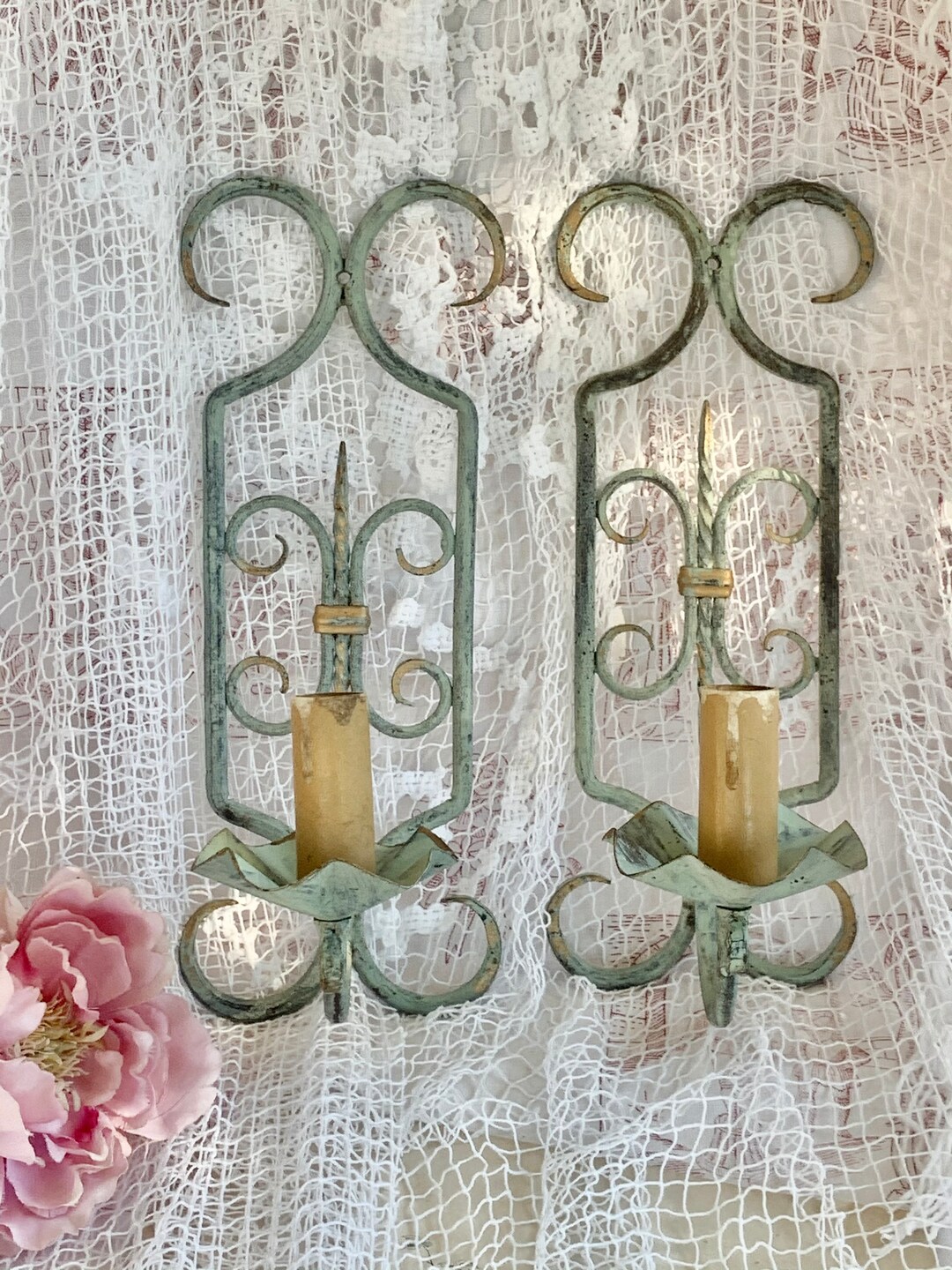 Two French Vintage Green Cast Iron Single Wall Lights / Shabby Etsy UK