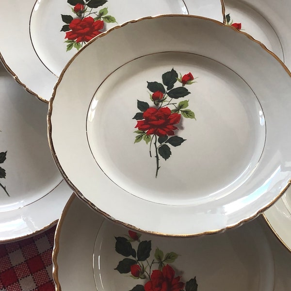 Six French Vintage White Dinner Plates with Funky Red Rose Design & Gold Edge / By Moulins des Loups / Pretty 1950s Dinner Plates