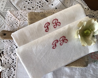 Pair of French Antique Large Rustic Linen Torchons / Classic French Kitchen Linens / Rustic Torchons / Red "PB" Initials In French Script