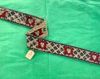 French Antique Late 1700s Long Narrow Cross Stitch on Canvas Piece / Charming Needlepoint with Red & Blue Flowers  / French Cross Stitch