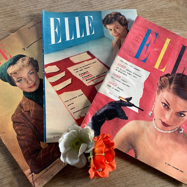 Sorry Reserved for W - Lovely Set of 3 French Vintage ELLE Magazines 1949-50 / Window on French Vintage Fashion & Life / Vintage Adverts