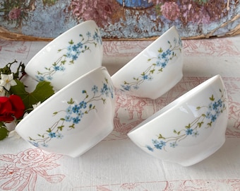 Four French Vintage Arcopal Milk Glass Café au Lait Bowls / Forget Me Nots / "Veronica"