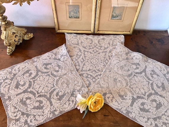 Three French Antique Embroidery on Filet Net Lace Squares / 1900s 