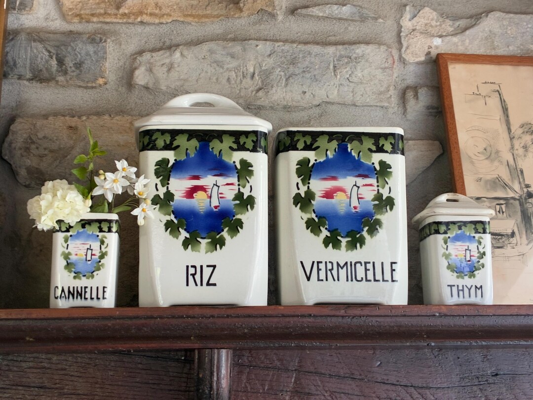 美しい青と緑の東洋の船の風景が描かれたフランスのヴィンテージ陶器製