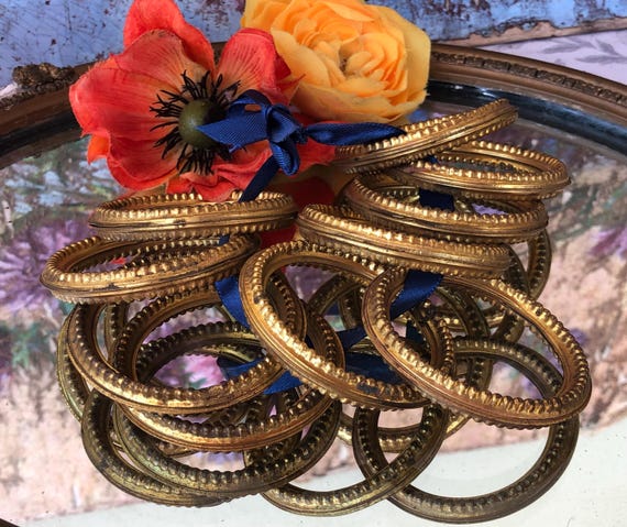 Ten Small French Antique Gilded Repoussé Brass Curtain Rings / Upcycling Projects