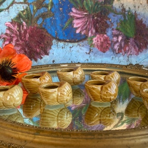 Nine French Vintage Glazed Ceramic Escargot Shells / Snail Serving Cups in Golden Brown / Retro French Table / Cute Ceramic Snail Shells