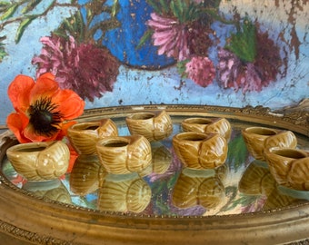 Nine French Vintage Glazed Ceramic Escargot Shells / Snail Serving Cups in Golden Brown / Retro French Table / Cute Ceramic Snail Shells