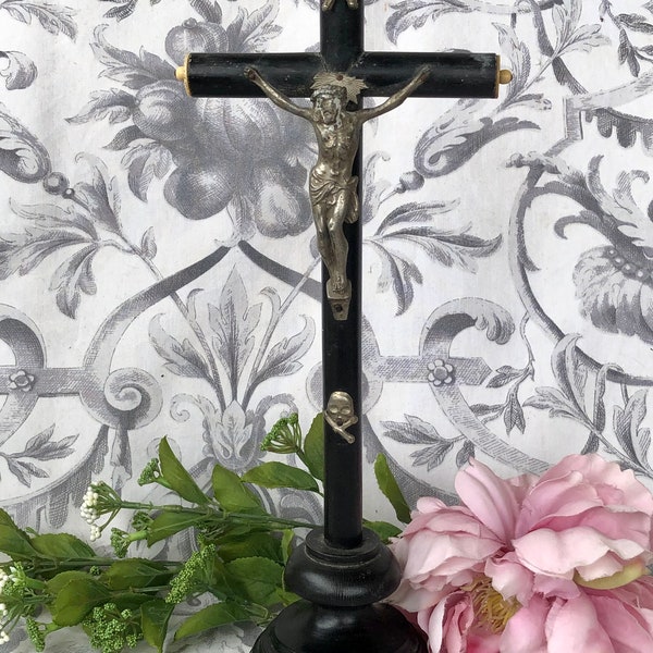 French Antique Blackened Wood & Metal Crucifix / French Religious Artefact / Standing Crucifix Napoleon III Cross with Effigy of Christ