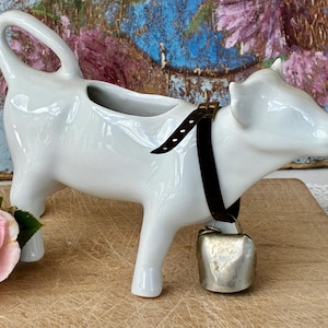 French Vintage Porcelain Cow Shaped Milk Jug  / Fun LIttle Milk Pourer / Cute French Farmhouse Kitchen Creamer / Complete with Bell!