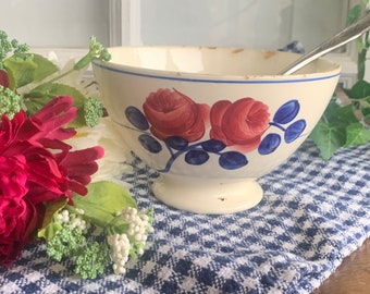 Large French Vintage Cafe au Lait Bowl / White with Blue and Red Rose Design / Charming French Breakfast Bowl by H B C M Creil & Montereau
