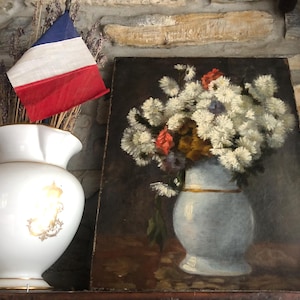 フランスのアンティークオリジナルキャンバスに描かれたデイジーの花瓶の油絵 / エコール・フランセーズによる魅力的な 19 世紀後半の芸術作品 / 素敵なギフトのアイデア