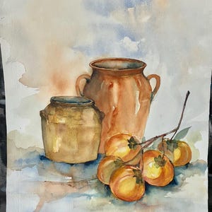 Französisches Original Aquarellbild auf Karte / Bezauberndes Stillleben Kunstwerk / Vintage Gemälde von Äpfeln in Schale / Leuchtende Farben