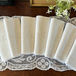 Seven French Antique Linen/Cotton Damask Napkins with Hand Embroidered JC Initials / Charming Table Linens / Gift Idea