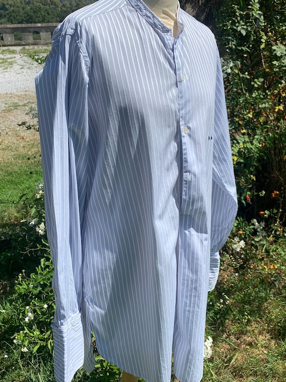 French Antique Cotton Hand Made Gentleman's Blue 1 White Striped Shirt / Charming and Well Made Long Shirt Initialled HB / Made in Paris