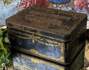 French Antique Late 1800s &quot;Biscuiterie Caiffa&quot; Biscuit Tin / Beautiful if Cronky Old Midnight Blue Tin with Embossed Writing & Gold Decor