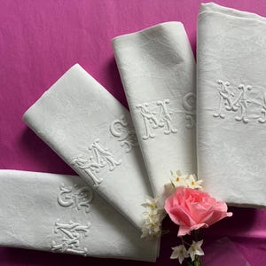 Four French Antique Linen Hand Embroidered Damask Napkins with Large &quot;MS&quot; Initials / Charming & Elegant French Napkins / Lovely Gift Idea