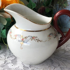 Small French Antique Porcelain Beautifully Shaped Jug in White with Dainty Hand Painted Flowers / Lovely Shaped Handle / Circa late 1800s