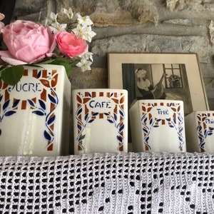 Set of Four French Vintage Ceramic Lidless Canisters With Lovely Blue & Brown Decor / 1920s French Canisters with Beautiful Graphics