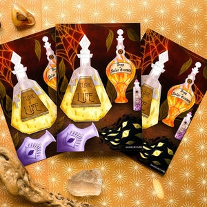 May include: Three glass bottles with cork stoppers and labels that say "Elixir of Life" and "Drop Solar Essence". The bottles are filled with a yellow and orange liquid. The bottles are on a dark background with a spiderweb design.