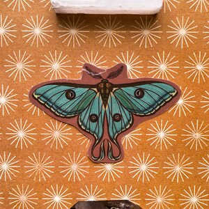 May include: A selenite crystal, a brown crystal, and a green and brown butterfly illustration on a brown background with a white starburst pattern.