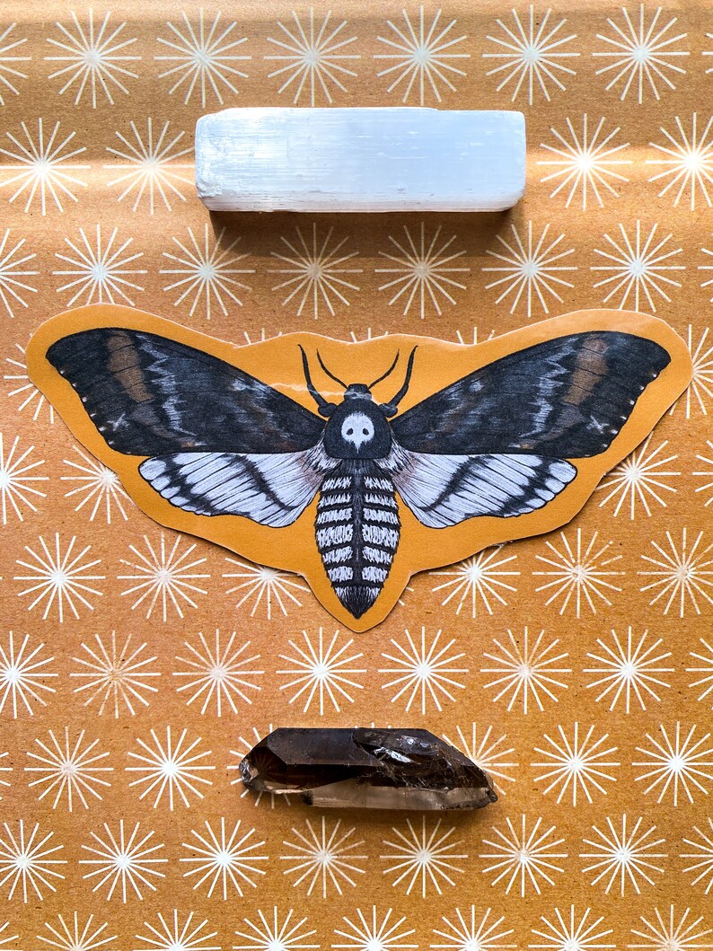 May include: A white selenite stick, a black and white moth sticker, and a dark brown smoky quartz crystal on a brown background with a white starburst pattern.