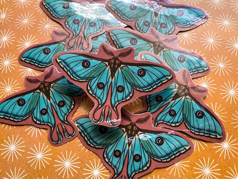 May include: A set of six colorful moth stickers with blue wings and black eyes. The stickers are on a brown background with a white starburst pattern.