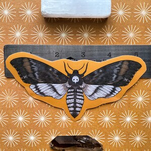 May include: A black and white moth sticker with a skull-like face on a brown background with white starbursts. A white selenite stick and a dark brown crystal are also pictured.