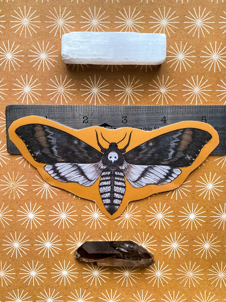 May include: A black and white moth sticker with a skull-like face on a brown background with white starbursts. A white selenite stick and a dark brown crystal are also pictured.