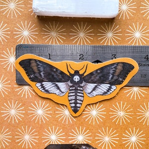 May include: A black and white moth sticker with a skull and crossbones design on a yellow background. The sticker is placed on a ruler with inches marked. The ruler is on a brown surface with a white starburst pattern.
