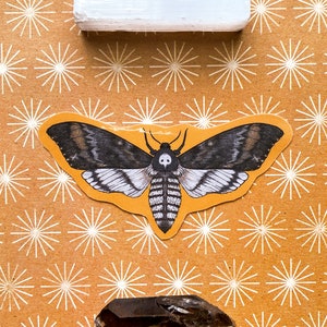 May include: A white selenite stick, a black and white moth sticker, and a smoky quartz crystal on a brown background with a white starburst pattern.