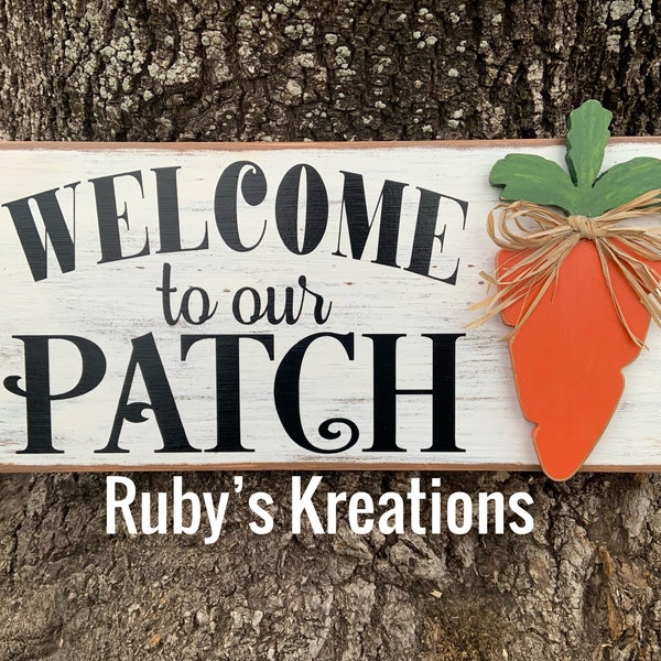Welcome to our Patch, Rustic, Easter Wreath Sign, Bunny Sign, Spring, Carrots, Wooden Wall Sign, Home Decor, Wreath Attachment, Front Door
