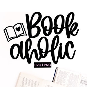 May include: Black and white graphic design with the text "Bookaholic" and a small image of an open book with a heart. The graphic is on a white background with two open books below.