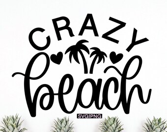 May include: Black and white graphic design with the text "Crazy Beach" in a stylized font. Two palm trees with hearts are above the text. The graphic is on a white background.