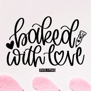 May include: Black and white calligraphy text that reads "baked with love" with a small heart on either side of the text and a small heart on the top of the "d" in baked. There is a small illustration of a piping bag with a heart on the end of the bag to the right of the text. The text is on a white background with three pink hearts at the bottom of the image.