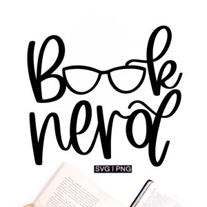 May include: Black and white graphic design with the text "book nerd" and a pair of glasses. The text is in a handwritten style.