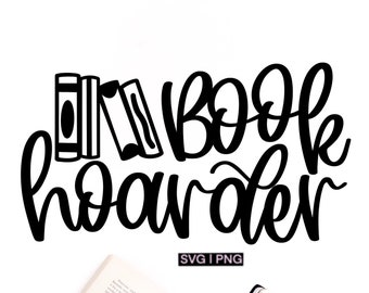 May include: Black and white illustration of stacked books with the text "Book Hoarder" in a handwritten font.