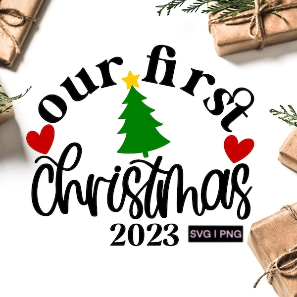 Our first christmas 2023 svg, first christmas svg, christmas ornament svg, married christmas ornament svg, hand lettered svg, christmas svg