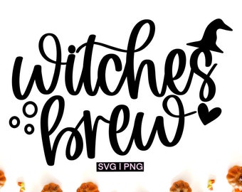 May include: Black and white graphic design with the text "Witches Brew" and a witch silhouette. The design is surrounded by small orange pumpkins and candy corn.