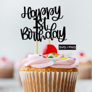 Joyeux 1er anniversaire gâteau topper svg, 1er gâteau topper svg, gâteau d’anniversaire topper svg, premier anniversaire cupcake topper svg, lettré à la main svg, png