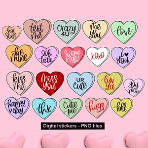Conversational hearts digital stickers PNG only, digital valentine&#39;s day stickers, digital stickers PNG files, candy heart digital stickers
