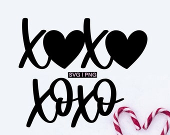 May include: Black and white graphic design with the text "xoxo" and two hearts. The text is in a handwritten style.